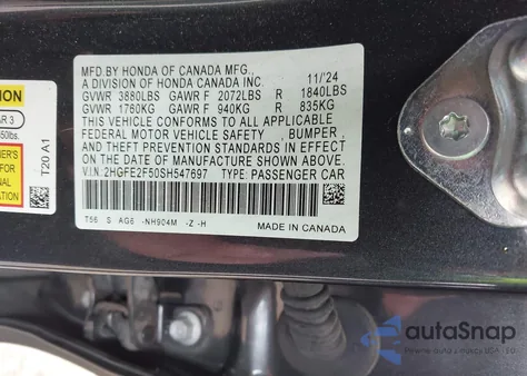 2025 Honda Civic Sport из США, поврежденный, VIN 2HGFE2F50SH547697